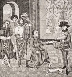 Karol, najstarszy syn Pepina, otrzymał wiadomość o śmierci swojego ojca, faksymile miniatury z „Historii cesarzy”, z „Le Moyen Age et La Renaissance” Paula Lacroix (1806-84)
